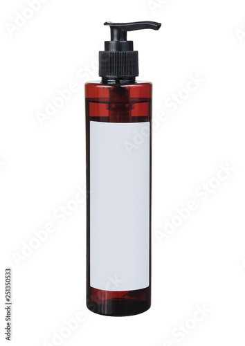 Pump head brown plastic bottle with transparent liquide and blank label