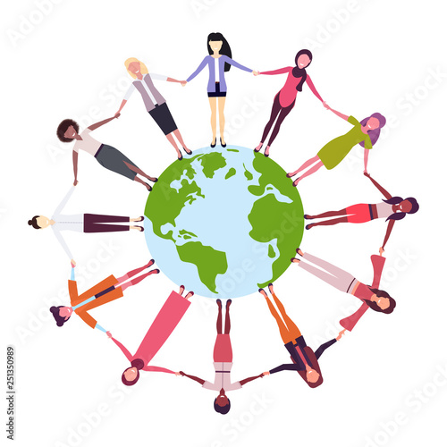 mix race women holding hands around globe international friendship concept girls surrounding world white background