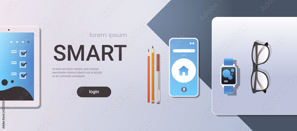 mobile app digital technology smart concept top angle view workplace desktop with laptop smartphone tablet screen smartwatch office stuff horizontal copy space mobile app digital technology smart concept top angle view workplace desktop with laptop smartphone tablet screen smartwatch office stuff horizontal copy space