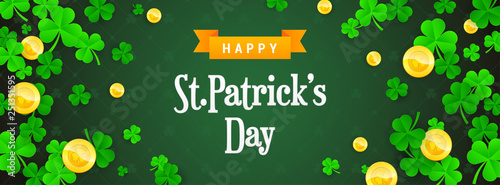 Happy St. Patrick's Day Banner vector illustration. Shamrock frame with golden coins on green pattern background.