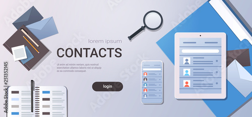 smartphone tablet screen and organizer with contact list business contacts concept top angle view workplace desktop with office stuff copy space horizontal