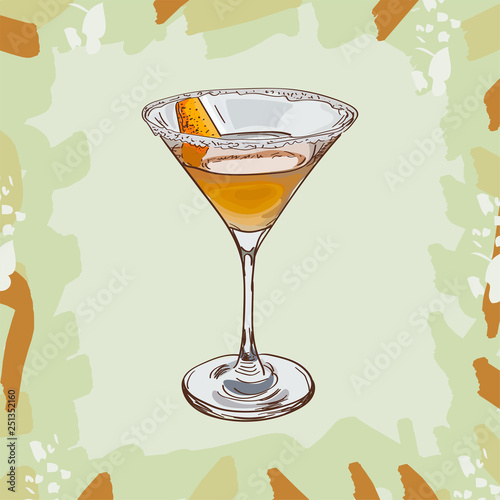 Sidecar cocktail illustration. Alcoholic classic bar drink hand drawn vector. Pop art
