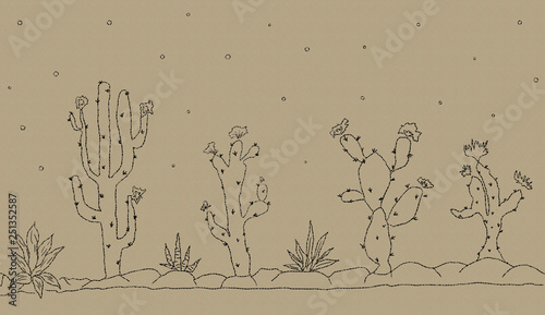 Set with cacti and flowers on craft paper background.