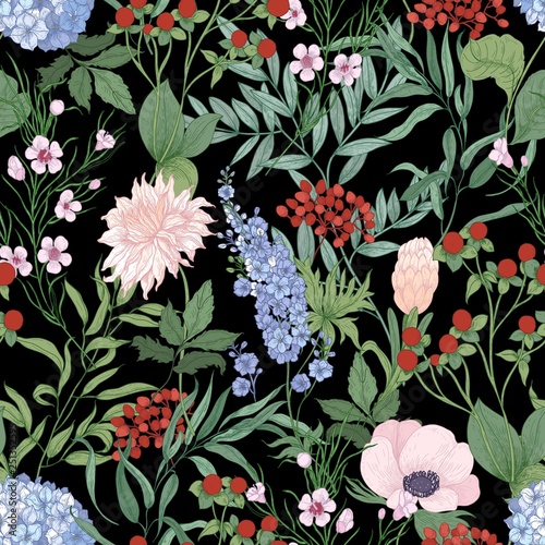 Natural seamless pattern with blooming wildflowers on black background. Botanical backdrop with wild flowers and flowering plants. Romantic realistic vector illustration in elegant antique style.