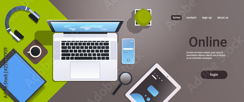 mobile computer app online top angle view workplace desktop with laptop tablet smartphone screen office stuff horizontal copy space