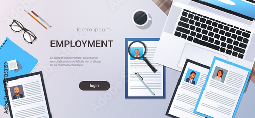 curriculum vitae recruitment candidate job position cv profile top angle view workplace desktop with laptop business people resume office stuff copy space horizontal