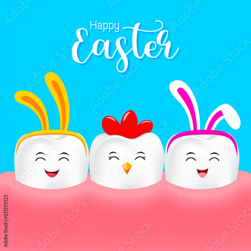 Cute cartoon tooth characters with rabbit ears decoration. Dental care concept. Happy Easter concept. illustration isolated on blue background.
