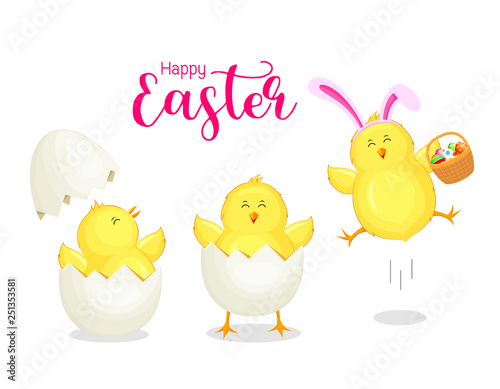 Cute cartoon chicken cracking from egg shell wearing easter bunny ear. Easter egg hunt poster invitation template. Vector illustration isolated on white background.