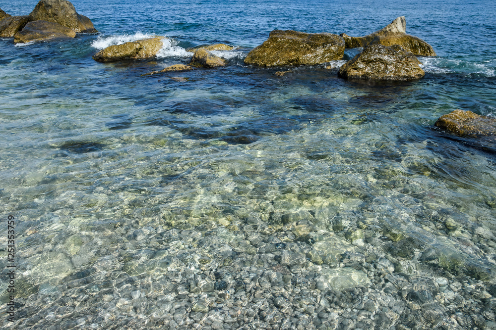 Sea waves, beating on the stones. Noisy sea. Coast of the Black Sea