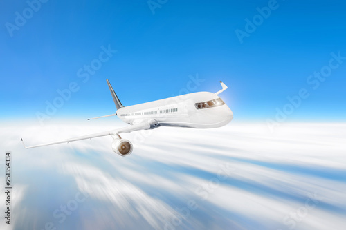 Passenger airliner flies in the sky above the clouds, journey airplane