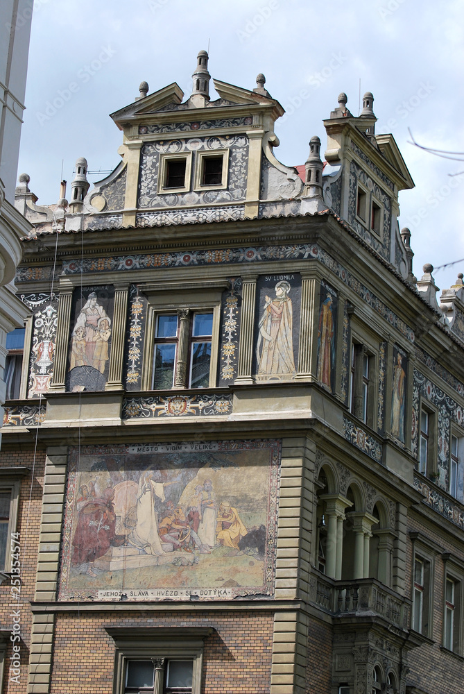 Historical painting of the facade of the building, Spring, Prague, Czech 