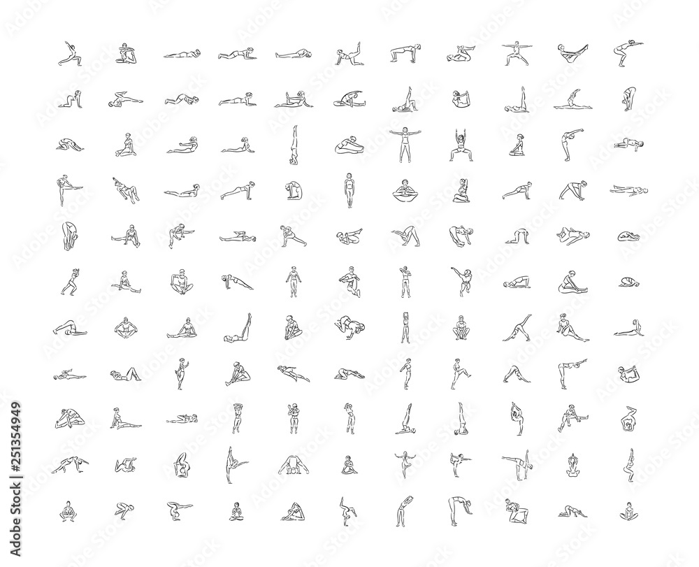 Vector hand drawn illustration of yoga icons illustration on white background. - obrazy, fototapety, plakaty 