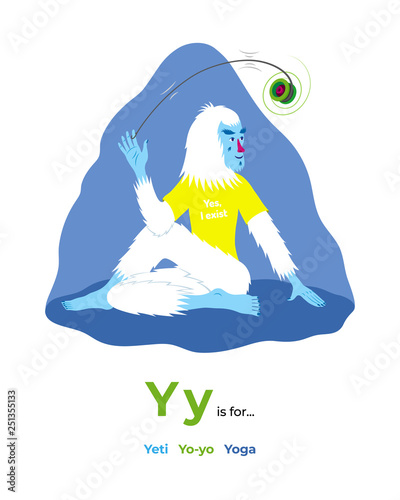 English alphabet Colored cartoon with letter Y for children, with pictures to these letter with yeti, yo-yo, yoga. - Vector