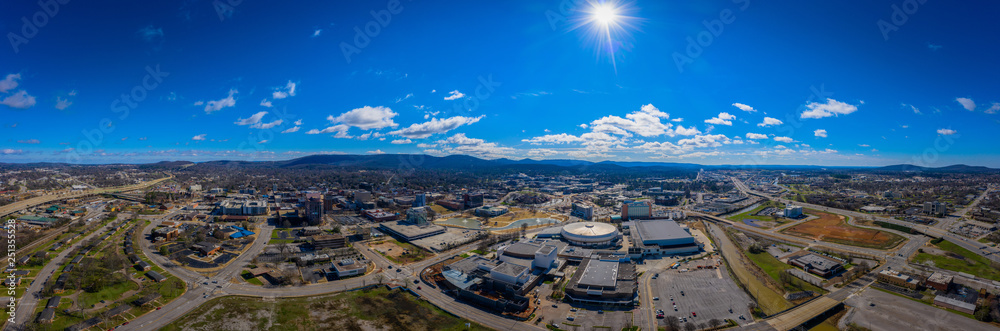 Aerial panoramic view of downtown Huntsville Al  flanked by Hwy 231 and Hwy 565.