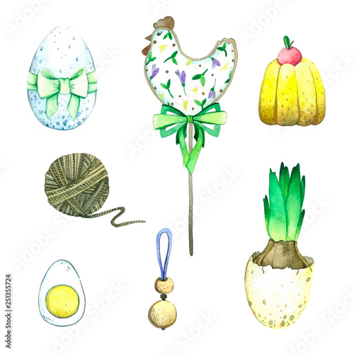 Easter raster watercolor objects. Easter cake, Easter egg, threads, wooden decor, traces of birds, gingerbread.