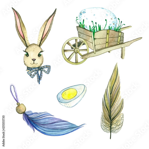 Easter raster watercolor objects. Easter rabbit, car, egg, wooden decor, feathers.