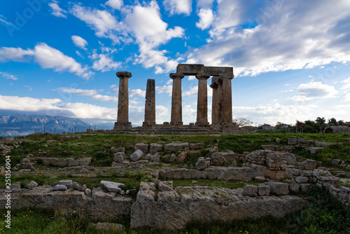 The temple of Apollo and part of the archaeological site of ancient Corinth in Peloponnese, Greece