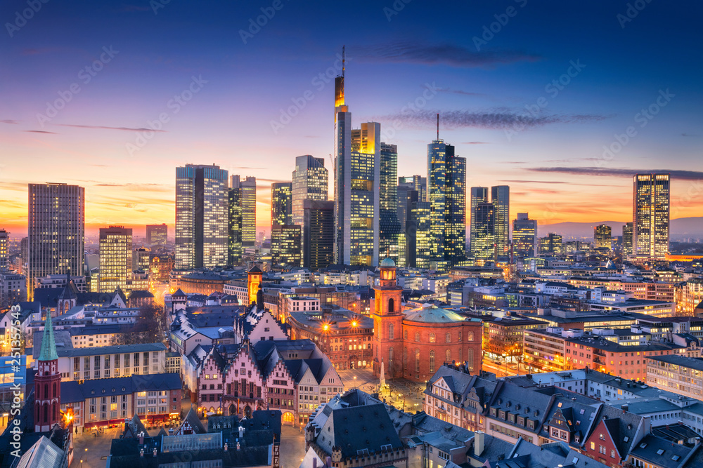 Frankfurt am Main, Germany. Aerial cityscape image of Frankfurt am Main skyline during beautiful sunset.