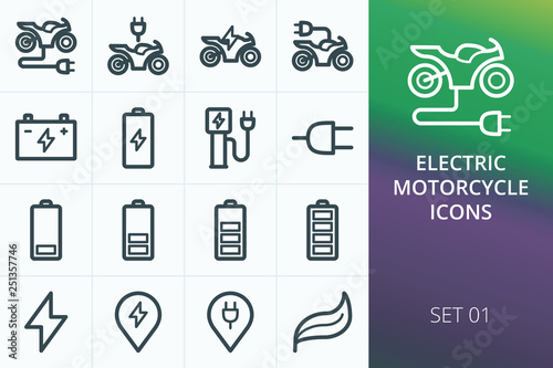 Electric motorcycle icons set. Set of electric motorcycle, motorbike, sport bike, battery charge vector icons.