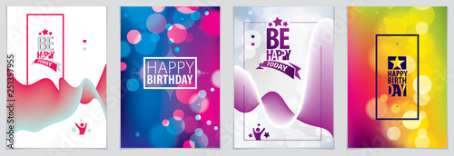 Birthday greeting card vector design. Includes lettering composition and balloons combined with wavy fluid colorful shape abstract backgrounds collection.