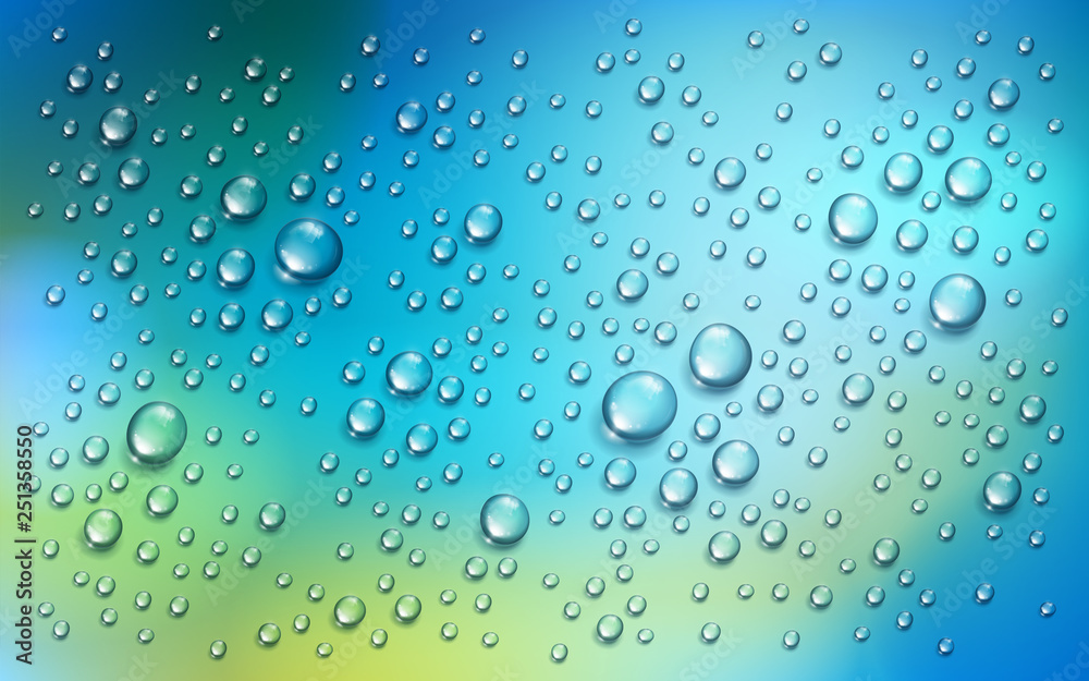 Water rain drops or condensation over blurred green and blue nature background beyond the window, realistic transparent 3d vector illustration, easy to put over any background.
