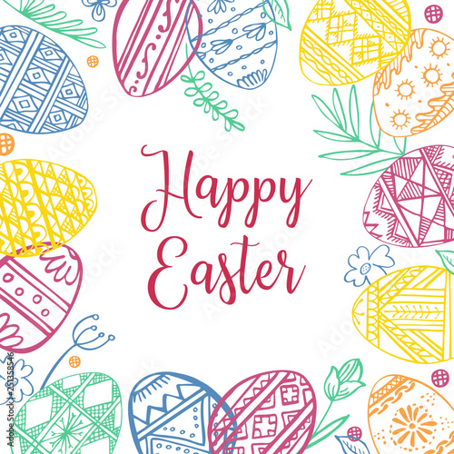 Color Easter eggs frame with plants and greeting. Hand drawn outline ink vector sketch illustration. Eggs painted with folk ornaments