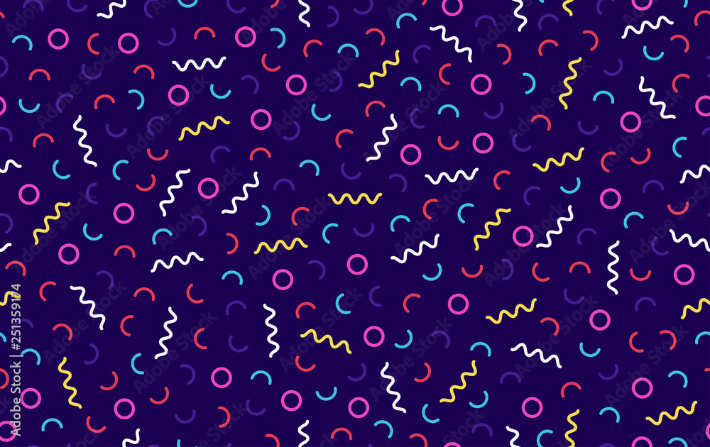Memphis pattern background. Abstract background with geometric shapes - zigzag, wave, circle.