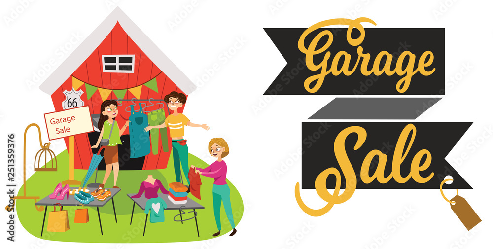 Garage Sale Young beautiful women at the weekly cloth market, girls choose clothes at the sale of used items, seller and buyer in market outdoor, shopping vector illustration Garage Sale Young beautiful women at the weekly cloth market, girls choose clothes at the sale of used items, seller and buyer in market outdoor, shopping vector illustration
