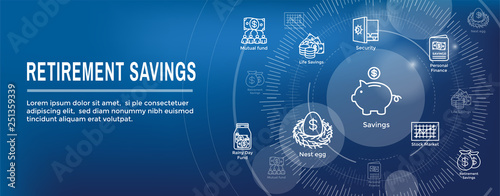 Retirement Account and Savings Icon Set Web Header Banner w Mutual Fund, Roth IRA, etc