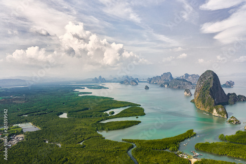 View from above, aerial view of the beautiful Phang Nga Bay with the sheer limestone karsts that jut vertically out of the emerald-green water, Thailand.