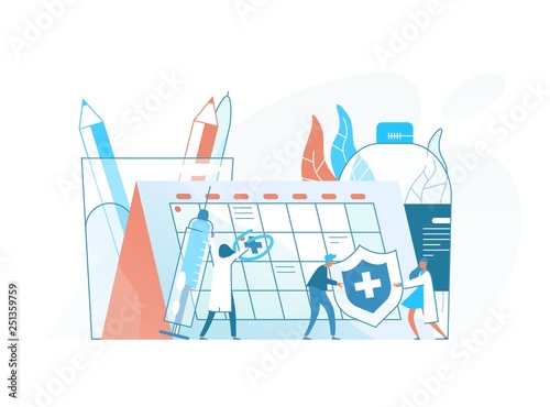 Tiny doctors, physicians or health care professionals, giant syringe with vaccine and calendar or schedule. Vaccination awareness, medicine and healthcare service. Colorful flat vector illustration.