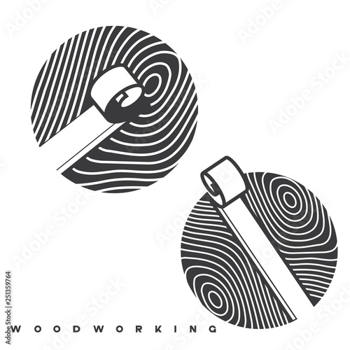  illustration consisting of a picture of a piece of wood and the inscription "woodworking" in the form of a symbol or logo