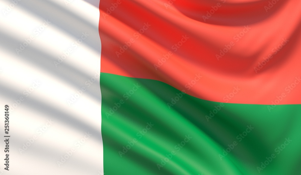 Flag of Madagascar. Waved highly detailed fabric texture. 3D illustration.