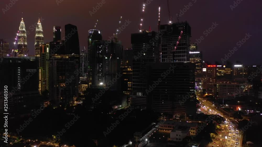 night illumination kuala lumpur downtown traffic road aerial panorama timelapse 4k malaysia