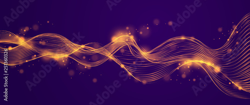 Dynamic particles sound wave flowing over dark. Dotted curves vector abstract background. Beautiful 3d wave shaped array of shining blended points.