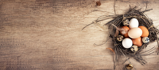 Eggs in nest  on vintage plank