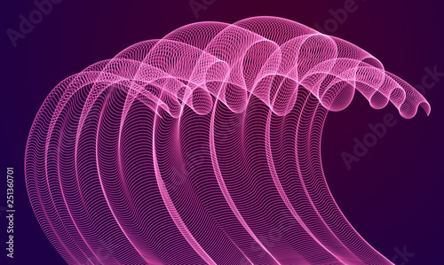 Dynamic magic particles wave flowing over dark, transparent tulle textile on wind. Dotted curves vector abstract background. Beautiful 3d wave shaped array of blended points.