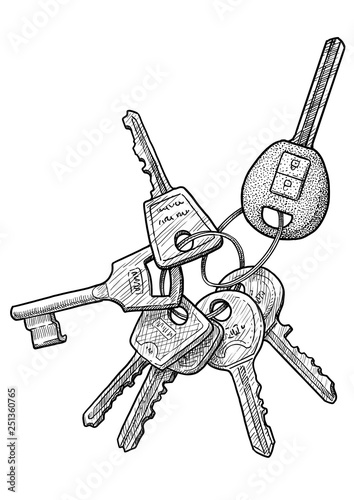 Bunch of keys illustration, drawing, engraving, ink, line art, vector