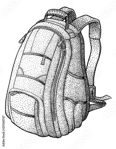 Backpack illustration, drawing, engraving, ink, line art, vector