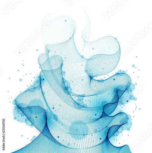 Flowing energy particles, wave of blended dots transparent tulle textile on wind. Curved dotted 3d lines vector effect illustration. 3d futuristic style.