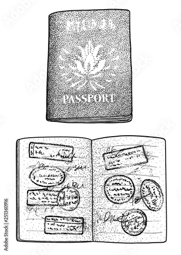 Open passport illustration, drawing, engraving, ink, line art, vector