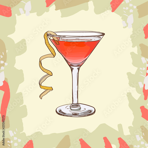 Jack Rose cocktail illustration. Alcoholic classic bar drink hand drawn vector. Pop art