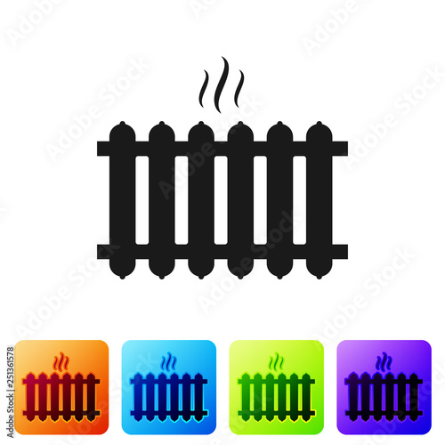 Black Heating radiator icon isolated on white background. Set icon in color square buttons. Vector Illustration