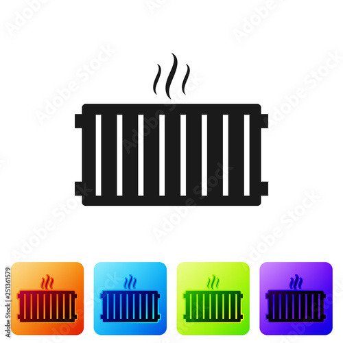 Black Heating radiator icon isolated on white background. Set icon in color square buttons. Vector Illustration