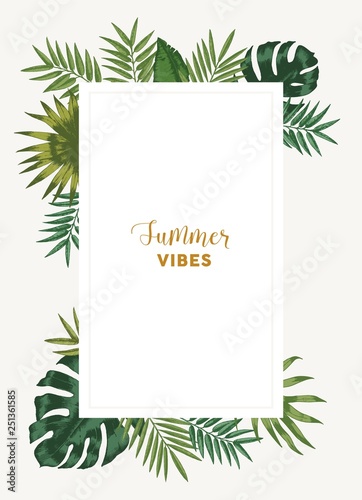 Exotic flyer or poster template with green leaves of jungle plants and place for text. Vertical summer backdrop or background with foliage. Elegant botanical vector illustration in vintage style.