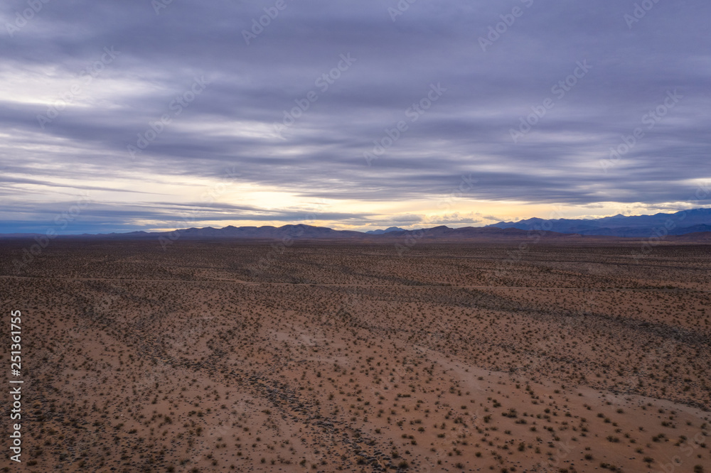 Aerial view sunset over a desert near Moapa Valley in Nevada