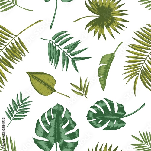 Hawaiian seamless pattern with tropical foliage on white background