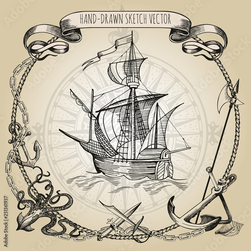 Adventure stories. Pirate background. Vintage border frame. Old caravel, vintage sailboat, sea monster.