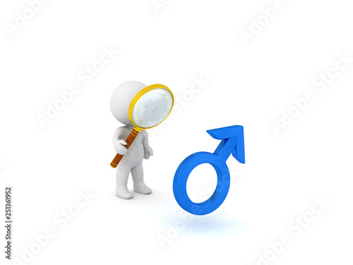 3D Character with magnifying glass and male gender symbol