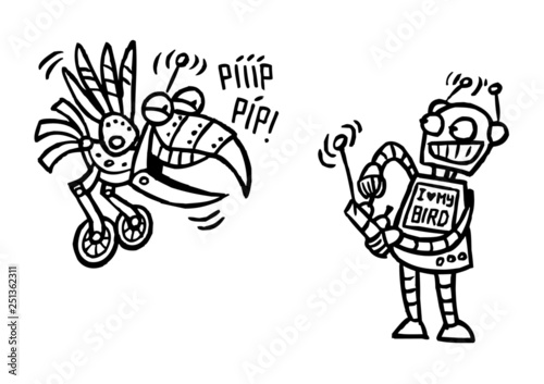 Robot plays with a robotic bird on the remote control, black and white cartoon